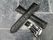 19mm Leather Strap Black Watch Band Deployment Buckle Set for OMEGA Polish BK x1