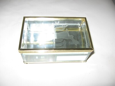 beveled glass jewelry / trinket box with etched deer / buck musical Christmas 