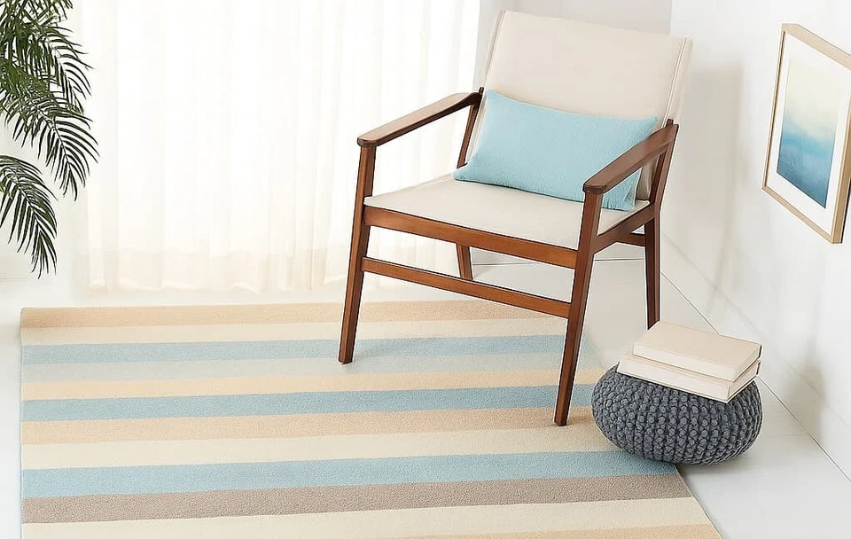 Шерстяной стеганый ковер ручной работы 4x6,5x8,8x10 для коттеджа современный пастельный синий, бежевый и кремовый - Изображение 4 из 4