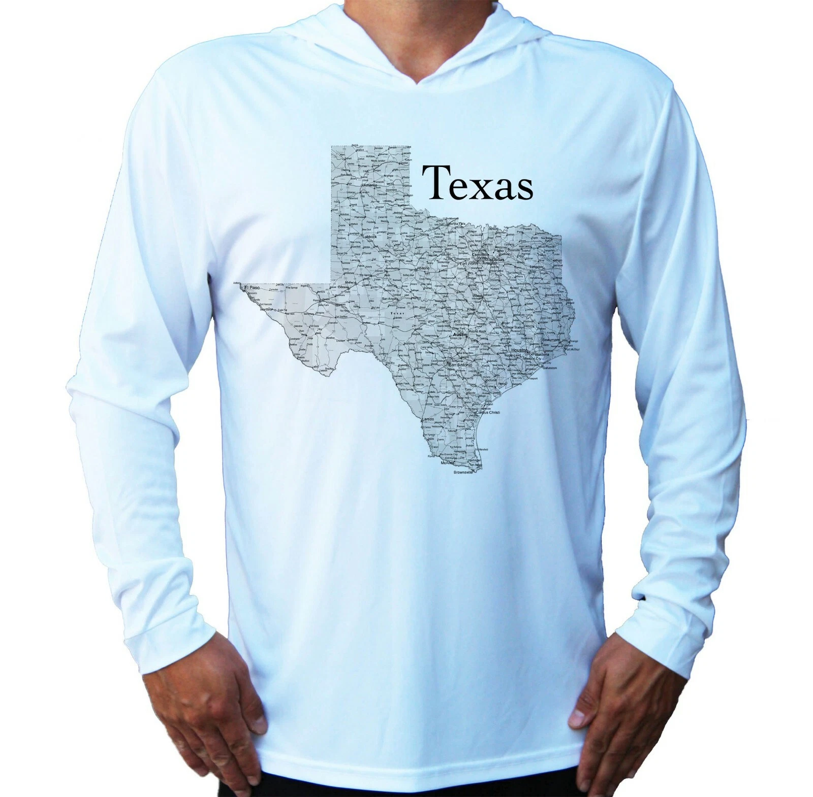 Texas State Map Sport UV Protected UPF 50 Long Sleeve T-Shirt Hood Fishing Boat