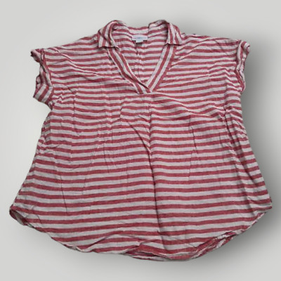 Liz Claiborne Red & White Striped Cap Sleeve V-neck Womens M Rayon Blend Top
