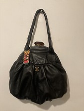 Vintage Y2K Oushka Large  Black Boho Leather Shoulder Bag W Amber Perspex Clasp