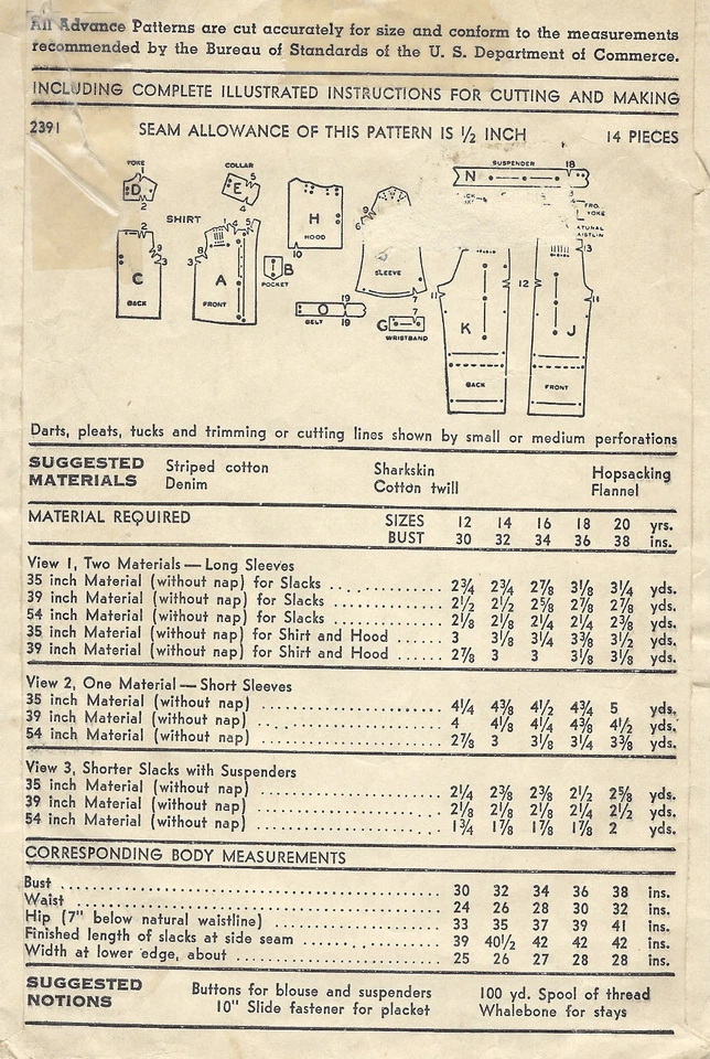 1940s WW2 Vintage Sewing Pattern B32" PANTS & BLOUSE (R763) By Advance - Image 2 of 2