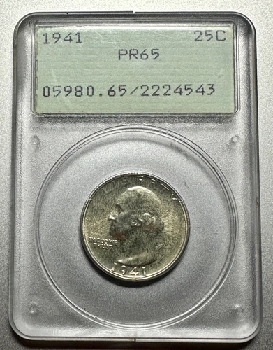 1941  PROOF  WASHINGTON QUARTER   PCGS  PR65  OLD RATTLER HOLDER