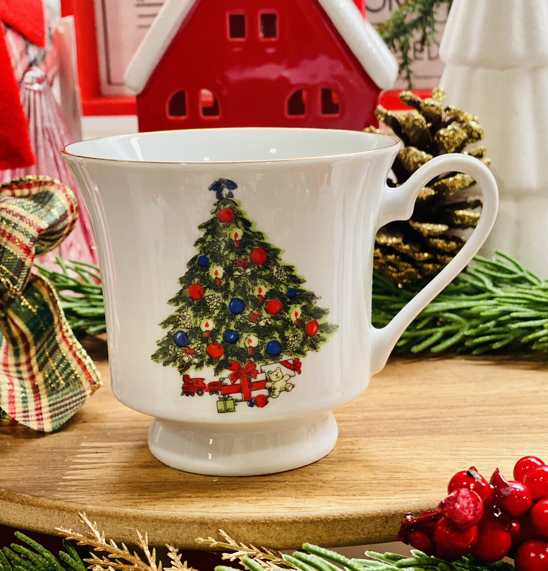 x Vintage Christmas Tree FOOTED TEA CUP Sea Gull Fine China by