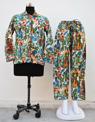 Frida Kahlo Print Cotton Women Night wear Boho Top-Pajama set Sleepwear Dress