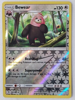 bewear pokemon card value 2022 - 112/149 - Sun & Moon (You cant use more than 1 GX attack in a game.) REVERSE HOLO Bewear 112/149 VLP