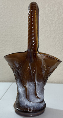 Vintage Imperial Dark Caramel Root Beer Slag Glass Tall Daisy Basket 10 In Tall