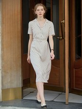 Angel French Style Retro Polka Dot V-Neck White Dress Size Large