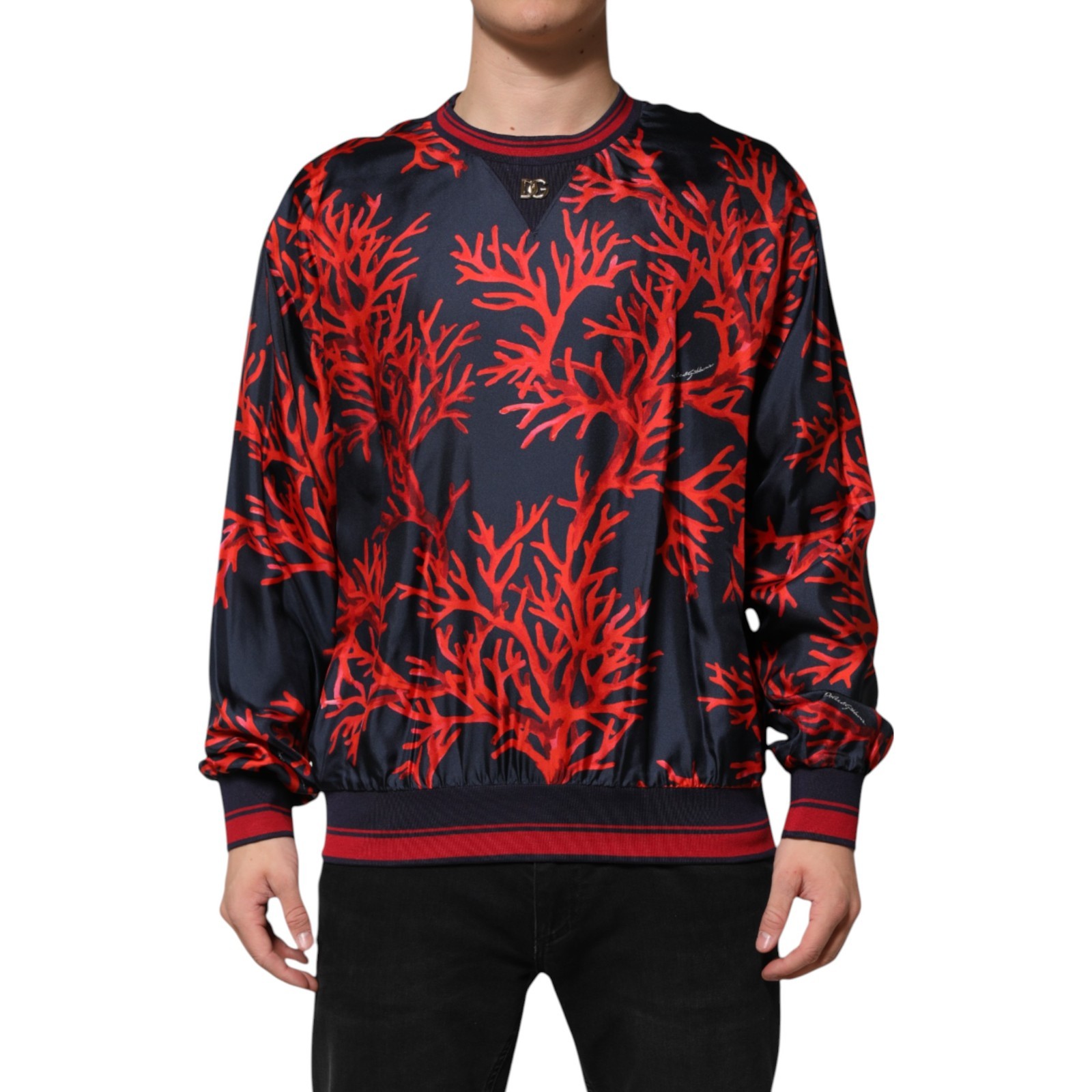 DOLCE & GABBANA Sweater Silk Navy Red Coral Print Pullover IT52/US42/XL $2180