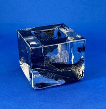 Kosta Boda Glass Brick Cube Square Candle Holder Black Etched Collectible Art