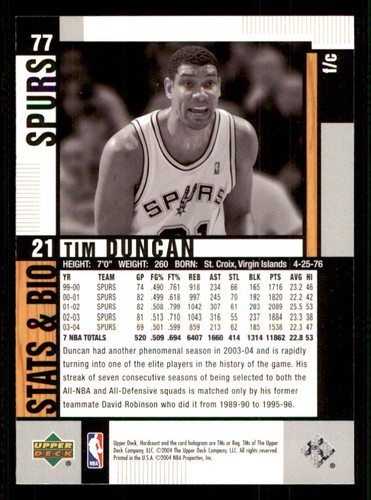 2004-05 Upper Deck Hardcourt #77 Tim Duncan - Picture 2 of 2