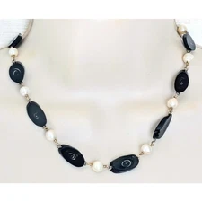 Vtg 12k Gold Filled Hawaiian White Cultured Pearl & Black Coral Slab Necklace 18