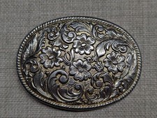 vintage WESTERN belt buckle CHAMBERS floral 24K GOLD PLATE engraved COWBOY