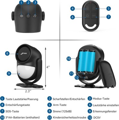 CPVAN Bewegungsmelder Alarm CP2-Pro 125 dB Fernbedienung