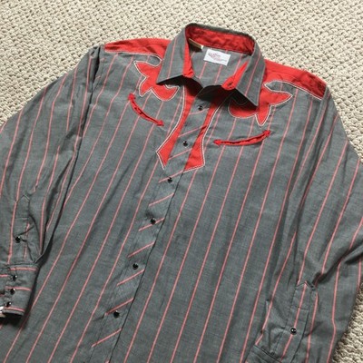 Vintage 70s 80s Kenny Rogers Western Shirt Mens XL Gray Red Long Sleeve Snap