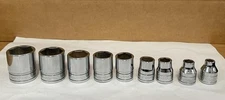 SNAP-ON 9 PC 3/8" DRIVE 6 PT SHALLOW SOCKETS (1/4" FS081- 7/8" FS281) USED.