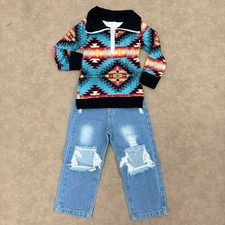 Little Cowboys Western Aztec Zip Pullvoer Top With Denim Pants Set