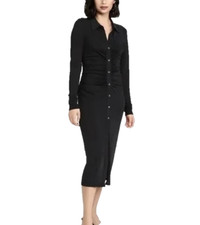 Good American Shimmer Ruched Button Front Long Sleeve Midi Dress Blk size 5