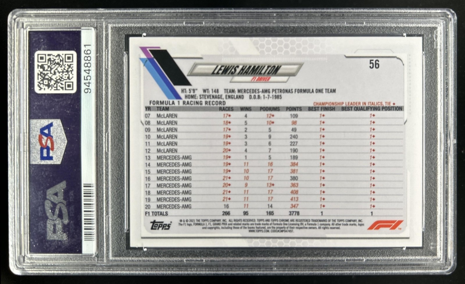 2021 Topps Chrome F1 Lewis Hamilton Purple/Green Refractor #56 PSA 10 GEM MINT view 2