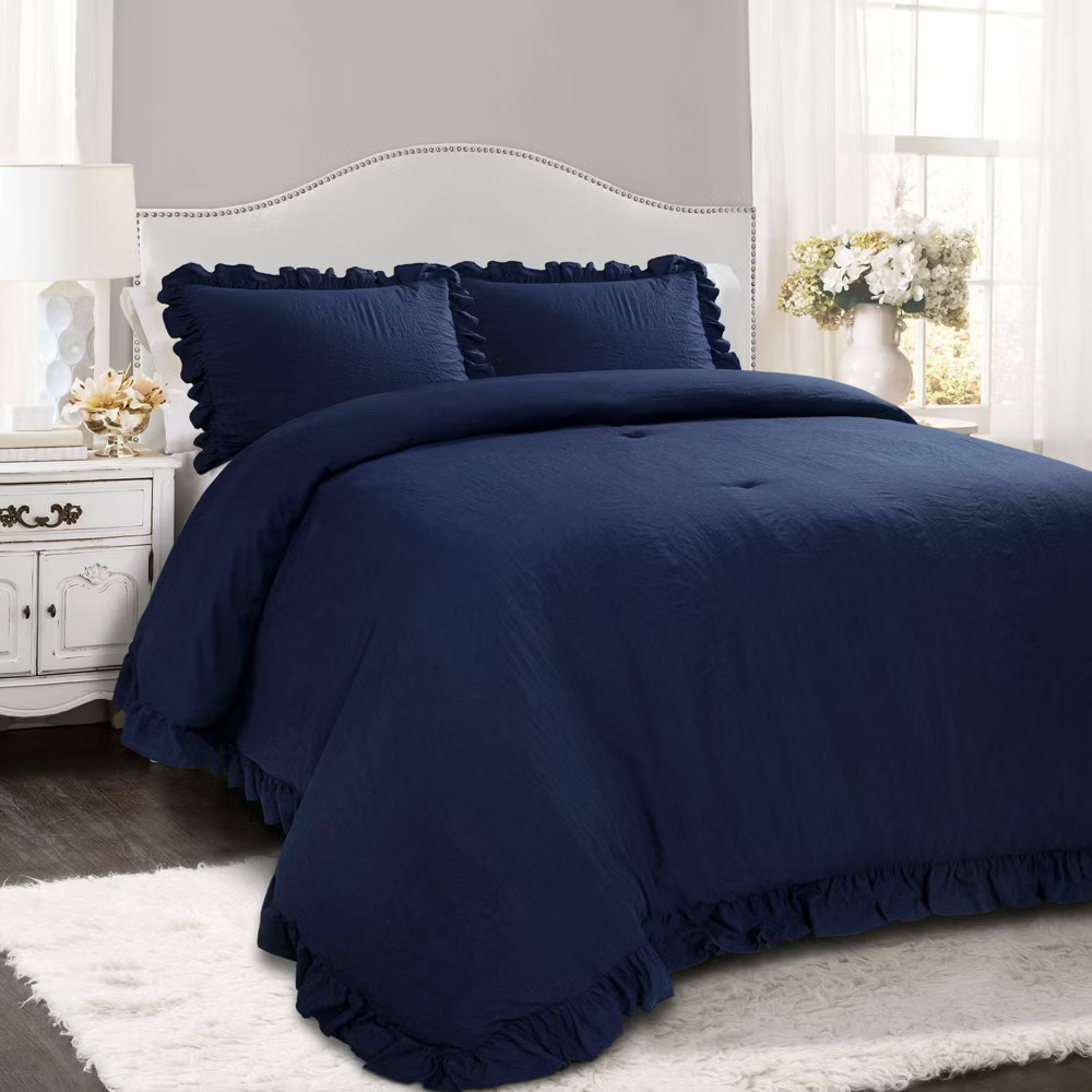 3pc Full/Queen Reyna Comforter - Sham Set Navy - Lush Décor: Microfiber