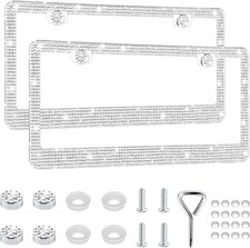 2 Pack Bling License Plate Frame for Women,Sparkly Rhinestone Stainless White