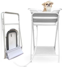 2-in-1 Dog Bathtub  Washing Station, Elevated Collapsible Bathtub with Drainh...