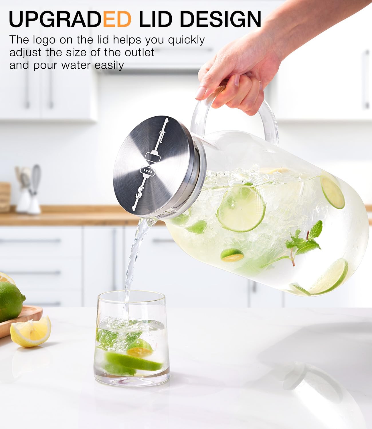 Gallon Glass Pitcher with Lid and Spout, 128oz Water Pitcher with Handle for Fri