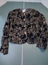 Vintage JOANNA Black Velvet Jacket Size Med Metallic Gold Silver Made in USA