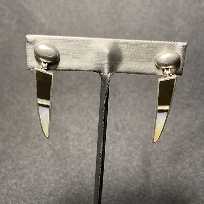 Vtg Ray Tracey Knifewing Navajo Sterling Inlay Earrings Onyx