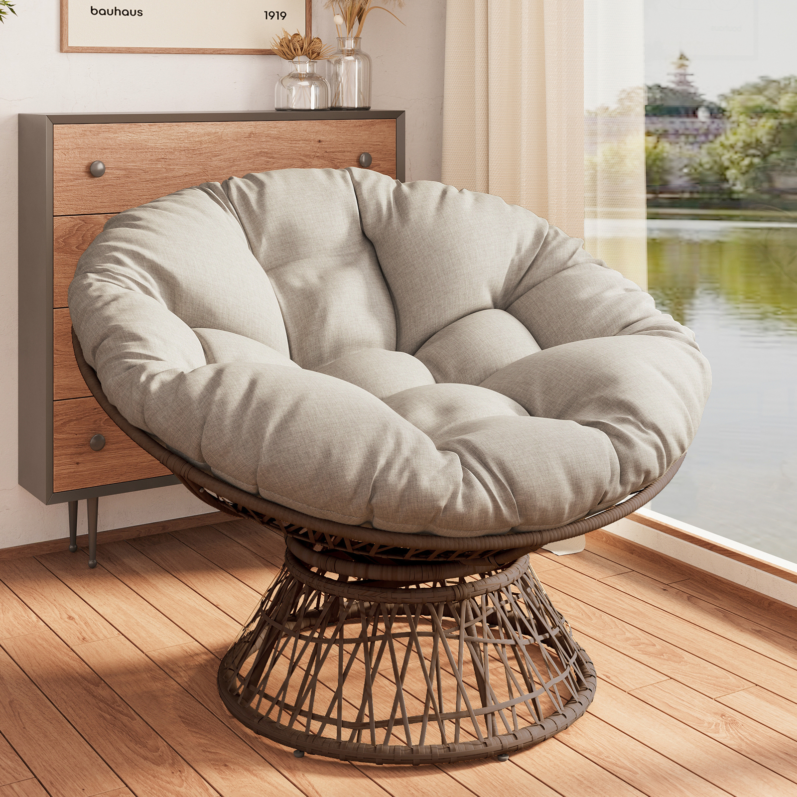 Ergonomic Wicker Swivel Chair with Thick Cushion for Living Room Bedroom Lounge