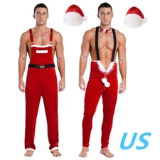 Mens Christmas Santa Costume Velvet Elastic Strap Jumpsuit Romper with Hat