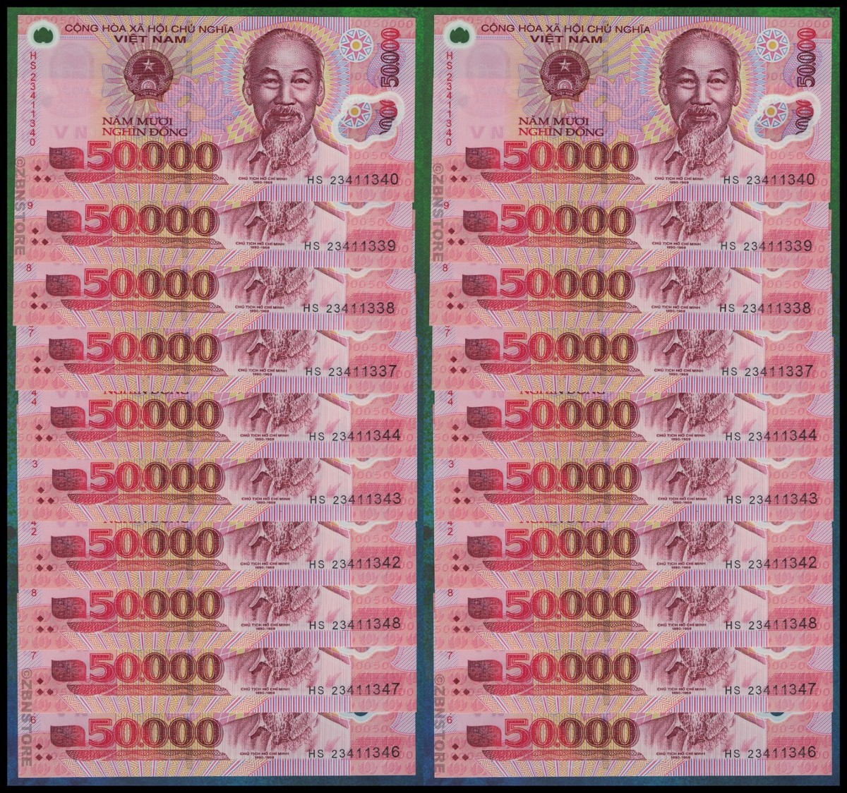 20 x 50,000 Vietnam Dong 20 Banknotes Currency = 1 Million Total