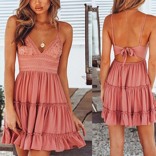Abito natalizio pizzo boho sling dress slim mini fit spiaggia prendisole senza schiena donna - Foto 14 di 23