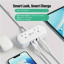 Surge Protector Power Strip 2 Outlets 3 USB 1 USB-C Charging Ports - White