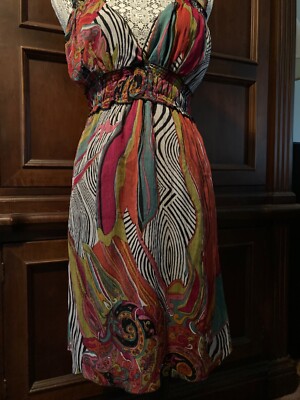 Multi colored print festival retro low cut crinkled dress | eBay