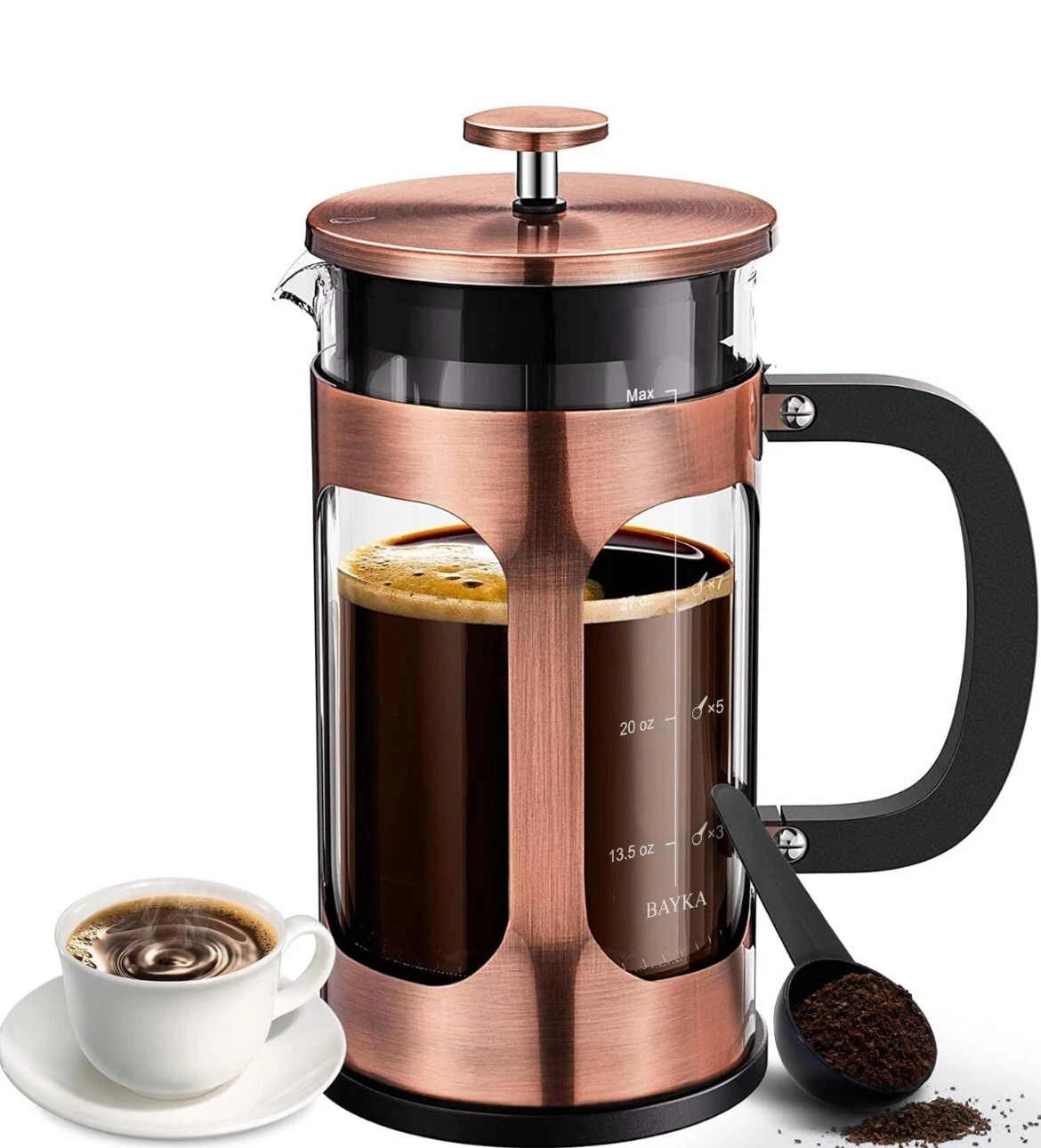 BAYKA 34 Ounce 1 Liter French Press Coffee Maker Glass Copper Steel