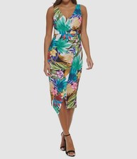 Guess Women's Green Floral Twisted Front Crossover V-Neck Sheath Dress Size 2