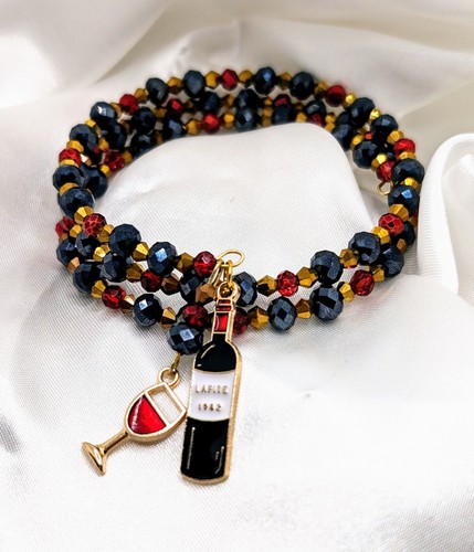 Handmade Beaded Cuff Bracelet With Wine Glass/Bottle Charms - Picture 4 of 6
