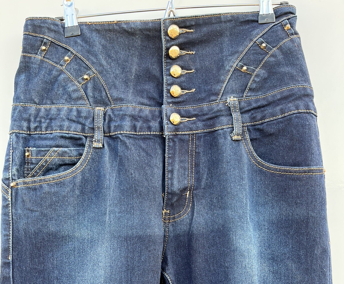 Women's Dark Wash Blue Denim High-Rise Retro Jeans with Gold Studs & Button Fly-image