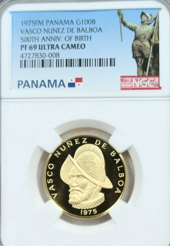 1975 PANAMA GOLD 100 BALBOAS VASCO NUNEZ DE BALBOA NGC PF 69 ULTRA CAMEO BEAUTY