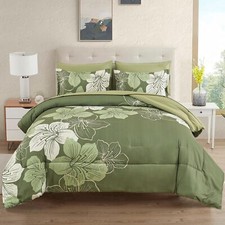 Floral Comforter Set Queen Size 7 Pieces Bed in a Bag Olive Green Floral Comf...