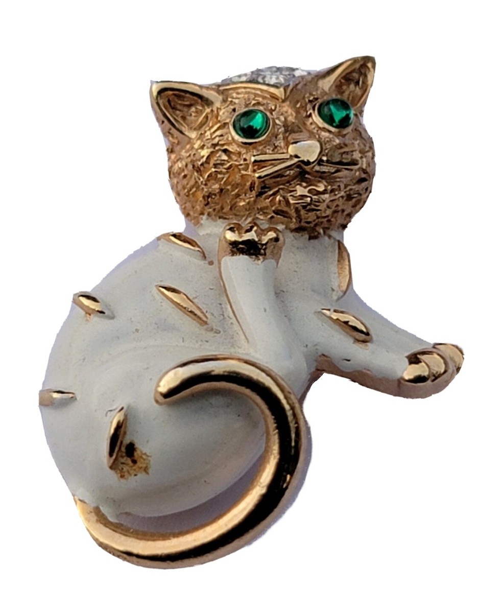 ◆Cat◆ RARE Vintage Crown Trifari Cat Crystal Rhinestone Gold Tone Pin