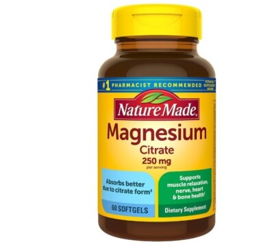 High Absorption Magnesium Citrate 250 mg per serving, 60 softgels, Nature Made