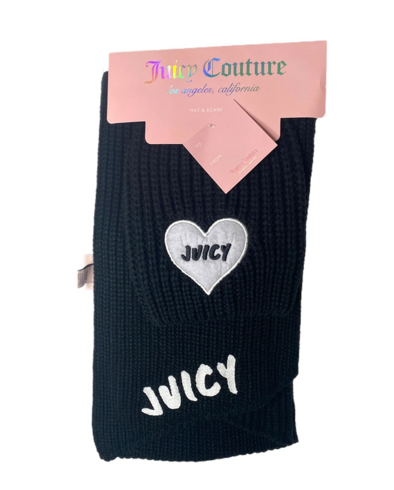 Juicy Couture Scarf and Hat Gift Set 2 Piece Black White Logo Winter Knit