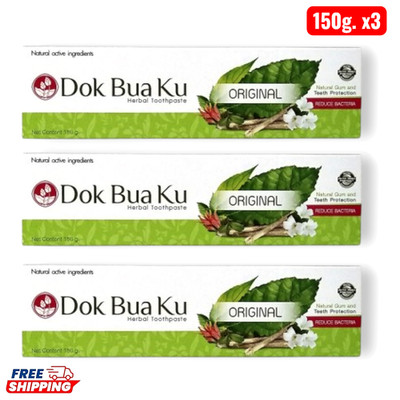 Twin Lotus Dok Bua Ku Original Herbal Toothpaste 150g x3 Thai Natural Toothpaste