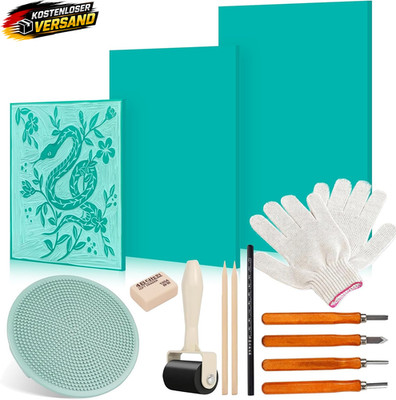 Linolschnitt Set für DIY Drucke und Gravuren mit Stempelgummi und Werkzeugen