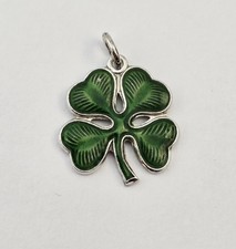 Vintage Sterling Silver Green Enamel Four Leaf Clover Lucky Charm Pendant - 2.7g