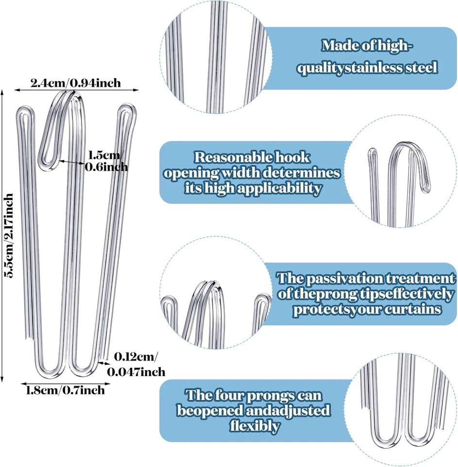 60 PIEZAS Ganchos plisados de acero inoxidable 4 puntas Cortina Cortina Pellizco Clips plisados Foto 3 de 4