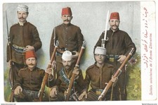 Turquie ottomane années 1900 "Jeunes Turcs ?" Balkans ? carte postale soldats armée de libération